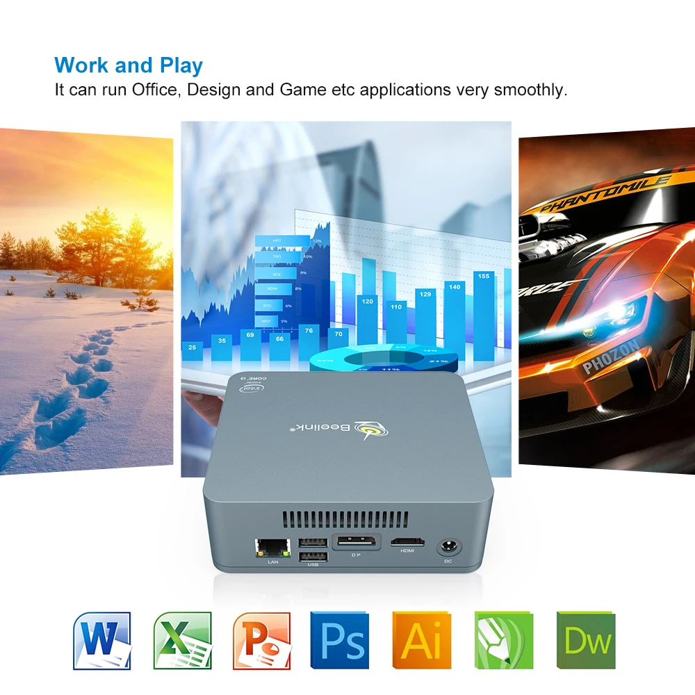 Мини-компьютер Beelink U55 Win10 Intel Core I3-5005U 2,4G+ 5,8G Dual Wifi 8GB DDR3L 256GB 512GB SSD DP+ HDMI с двойным экраном