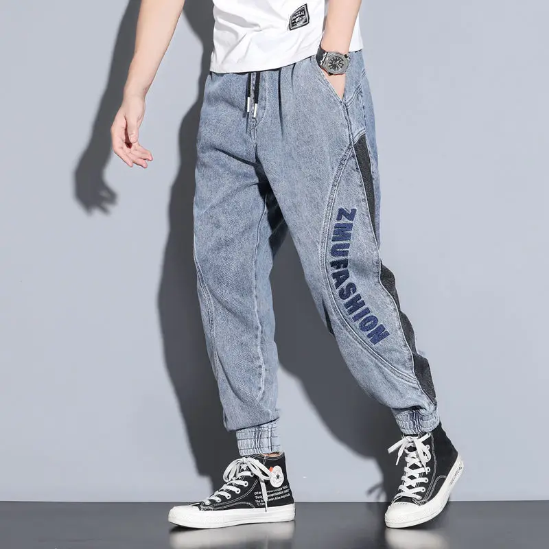 Mens Jeans Brand Letter Printed Ankle Banded Men's Cargo Pants Straight Loose Casual Streetwear Trousers Hip Hop Ripped Jeans