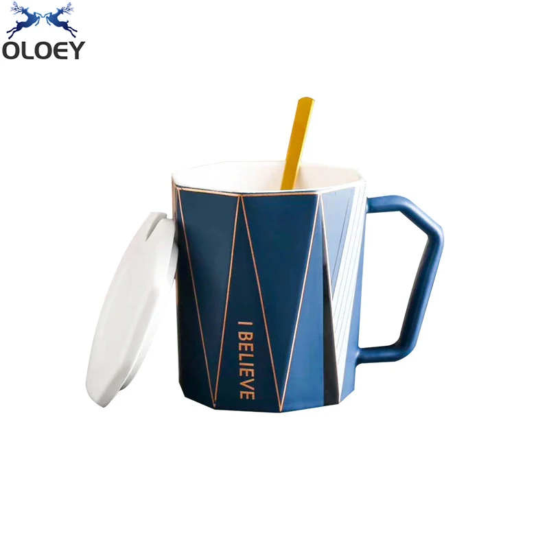 

New European Style Mug With Lid Spoon Octagonal Rhombus Coffee Cup Creative Gold Coil Ceramic Cup