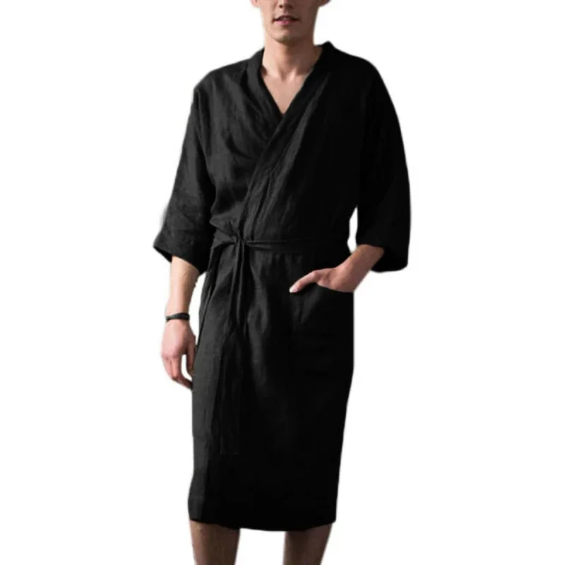 Men Robe New Solid Homewear Autumn Winter Comfortable Long Sleep Tops Three-quarter Sleeves Cardigan Lace-up Kimono Men