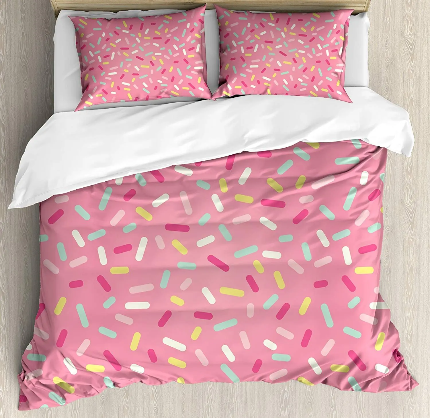 

Pink and White Bedding Set Abstract Pattern of Colorful Donut Sprinkles Sweet Tasty Food Bakery Duvet Cover Pillowcase For Home