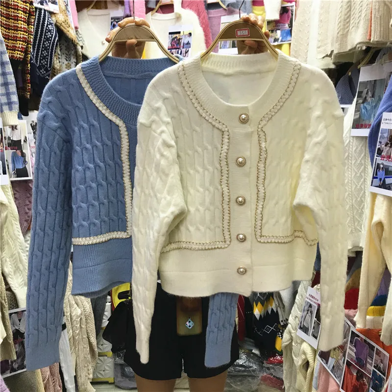 

Женский короткий кардиган с драпировкой, синий Однорядный свитер с золотистой отделкой и круглым вырезом, с жемчужной пряжкой, пальто для р...