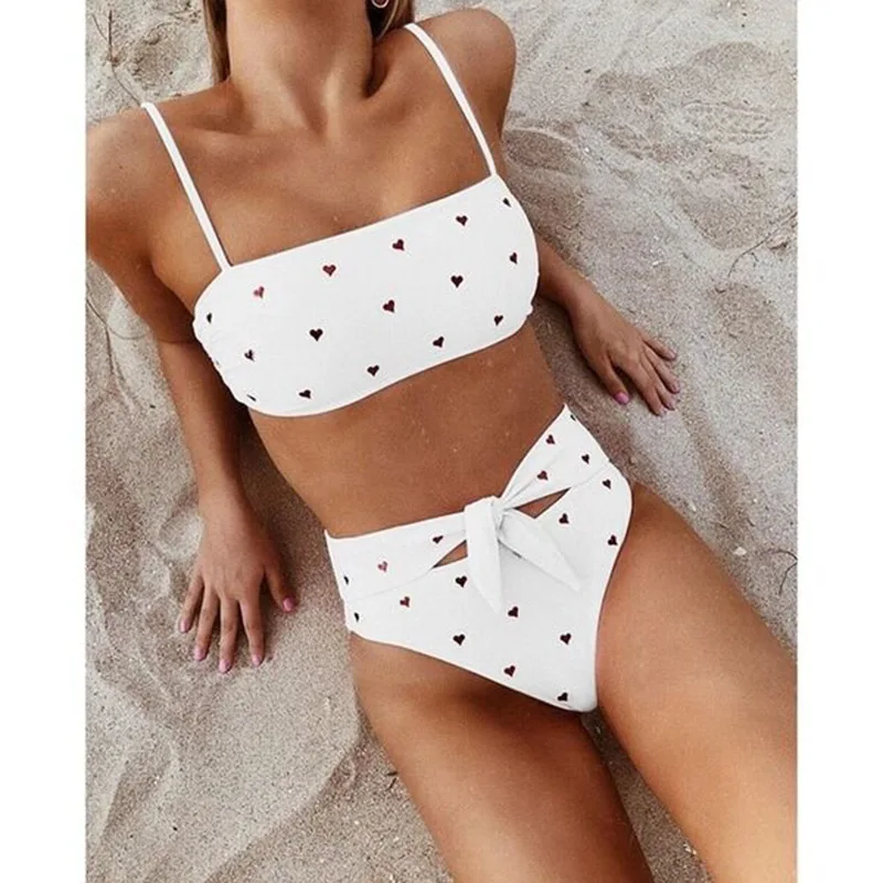 

Sexy Heart Print Bandage Swimwear 2020 Bathing Suit Bandeau Brazilian Bikini Push Up Swimsuit Cut Out Two Piece Swimsuit Women