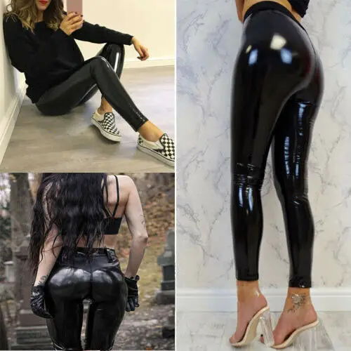 

Womens Sexy Black Pants Slim Soft Stretchy Shiny Leggings Mid Waist Faux Leather Vinyl Female Leggings Trouser Pants