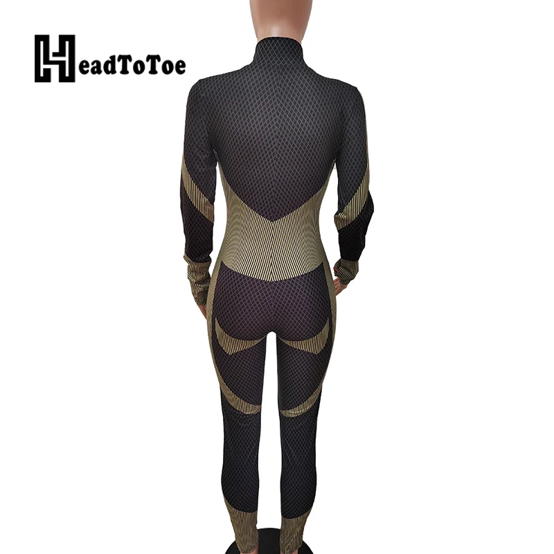 

Patchwork Print Zip Sporty Brief Romper Women Full Sleeve Stand Collar Skinny Jumpsuit