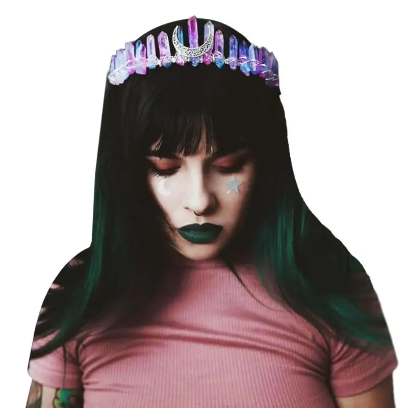 

Boho Handmade Bridal Tiara Crown Faux Raw Crystal Rainbow Colorful Aura Headband