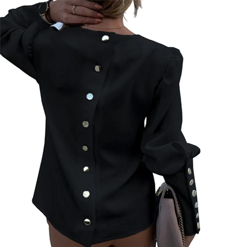 

2021 Work Wear Women Blouses Long Sleeve Back Metal Buttons Shirt Casual O Neck Printed Plus Size Tops Fall Blouse Drop Shipping