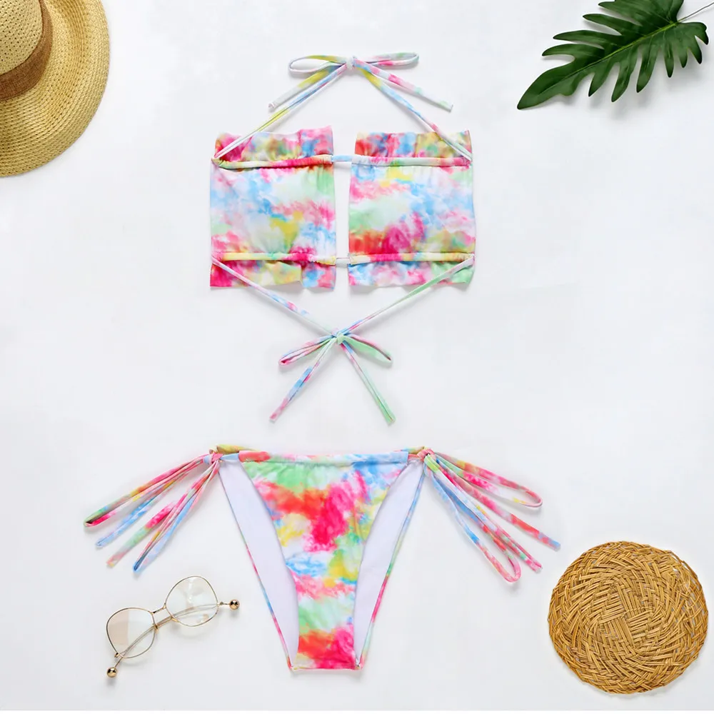 

New Sexy Print Bikini Female Two Pieces Swimsuit Women Bandeau Hollow Out Bikini Set Bather Bathing Suits Summer Beach Wear