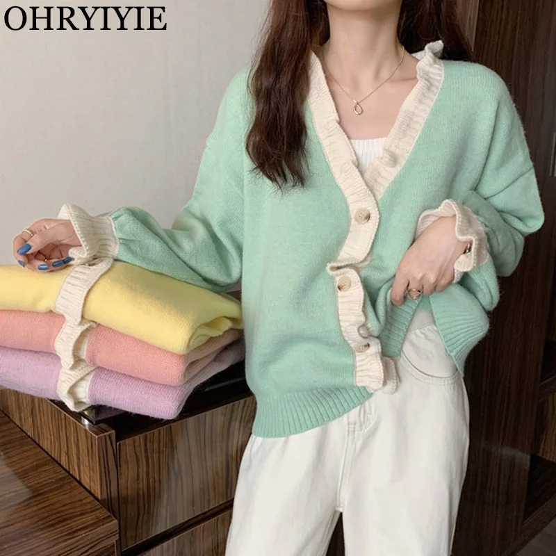 

OHRYIYIE V-neck Sweet Long Sleeve Cardigan Women Korean Style Cute Sweaters and Cardigans Female Loose Autumn Knitwear Clothes