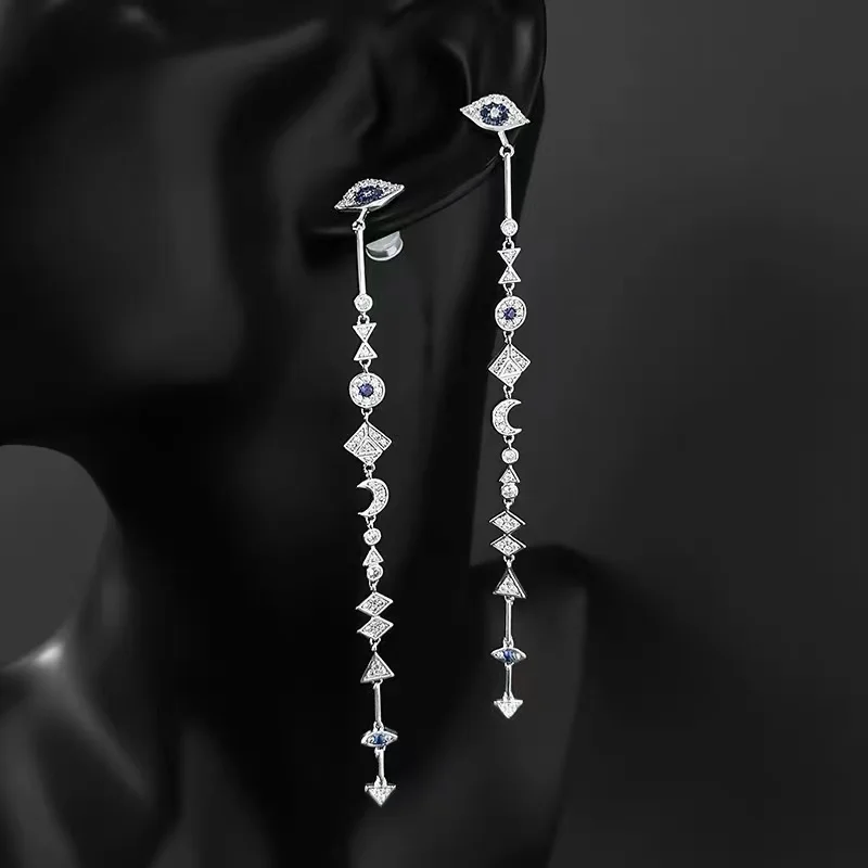 

S925 sterling silver summer new evil eye earrings female fashion personality jewelry long star and moon earrings party gift