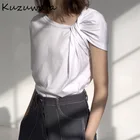 Kuzuwata 2021 летняя шикарная футболка нестандартного дизайна, однотонная, модная, с круглым вырезом, повседневная, простая, мягкая, женская футболка