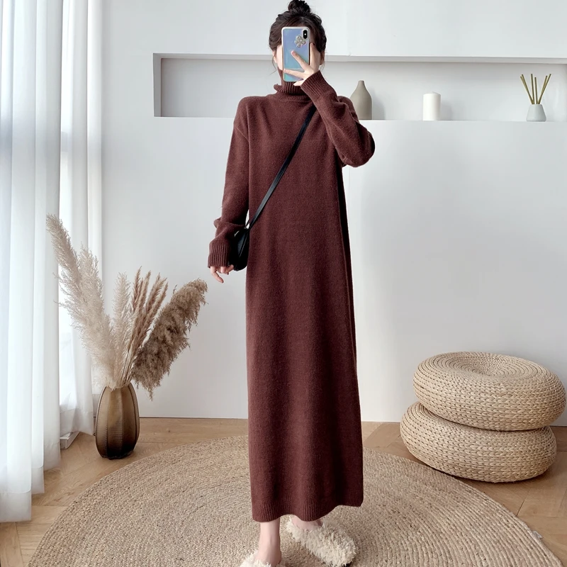

Autumn Winter Over-The-Knee Knitted Dress Women Loose Thin Casual Turtleneck Sweater Long Dress