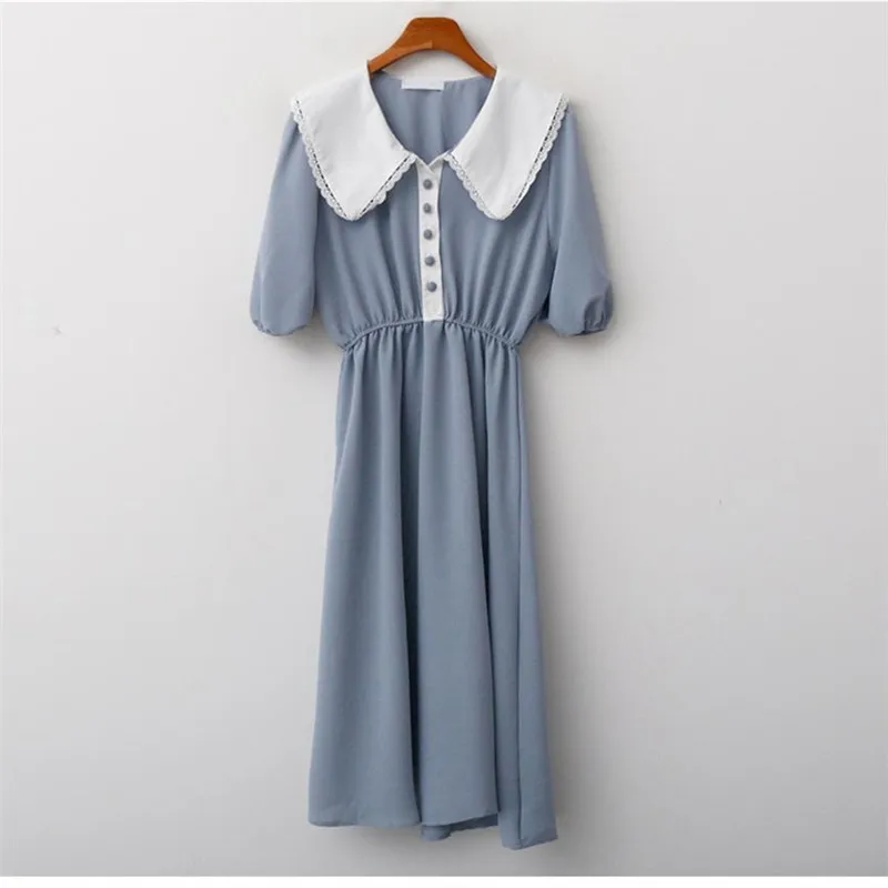 

New Summer Girls Dress Women Cotton Casual short Sleeve Dresses Female Dress Vintage Solid blue dress Boho Robe Femme Vestido