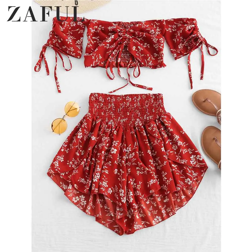 ZAFUL с открытыми плечами Cinched Цветочный женский комплект Летняя косая шея