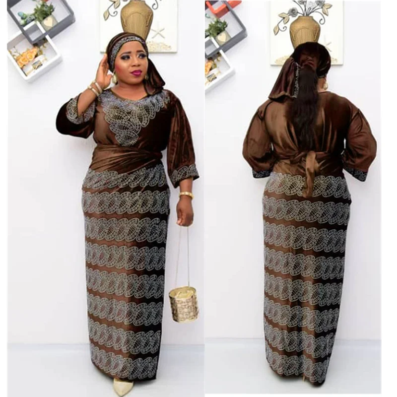 

3 Pieces Set Dashiki Top Skirt Suit With Headscarf African Clothes For Women Velvet Evening Dresses Ladies Muslim Fashion Dress