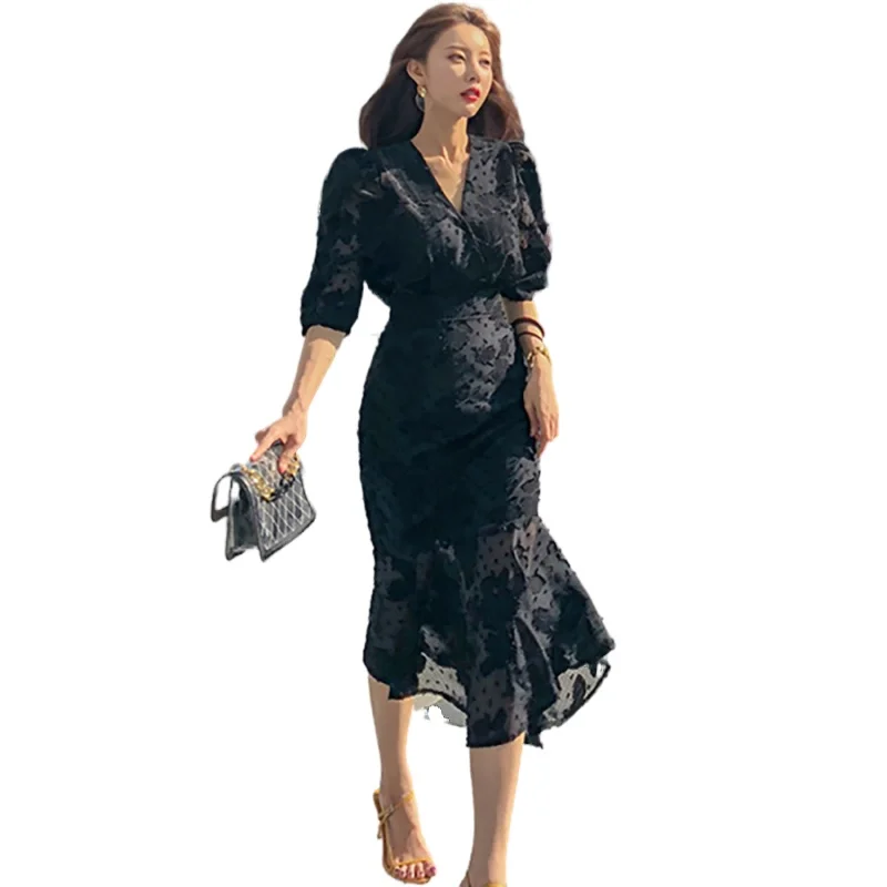 

Женское офисное платье-Русалка средней длины, облегающее платье с рукавом три четверти и оборками, платье для вечеринки в Корейском стиле, Н...