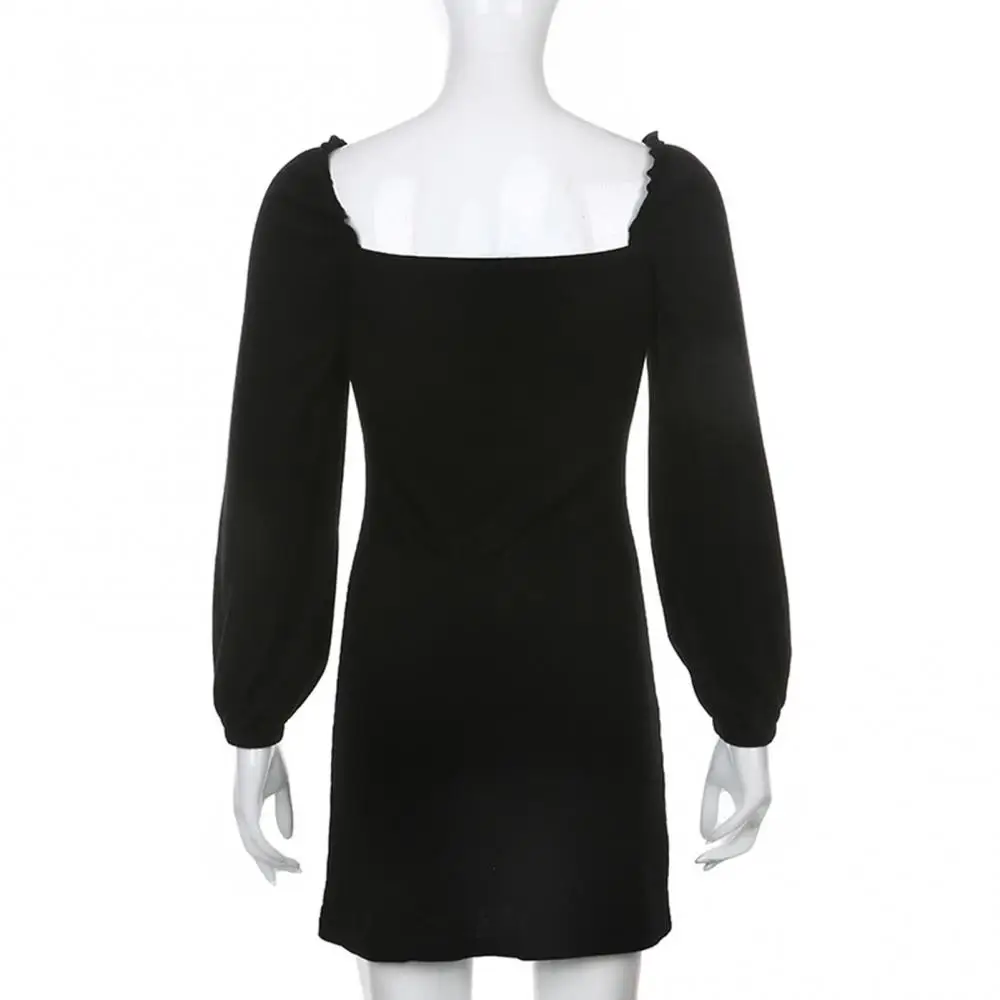 

2021 Bodycon Dress Sexy Women Lace Patchwork Deep V Neck Long Puff Sleeve Backless Dress