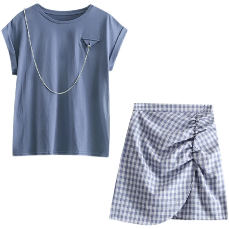 

Korean Light Mature Style Suit Female 2021 New Solid Color Short-sleeved T-shirt + Plaid Bag Hip Skirt Two-piece Trend