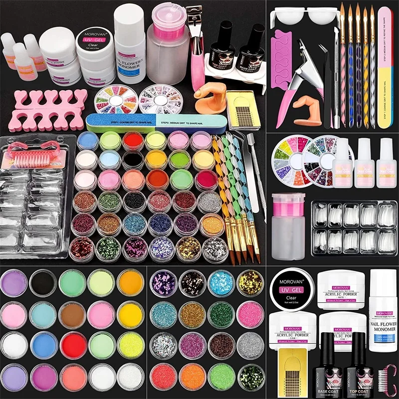 

Manicure Tools Nail Acrylic Kit Glitter Powder Liquid with Nail Tips Practice Finger UV Gel Full Nail Extension Nails Art Set