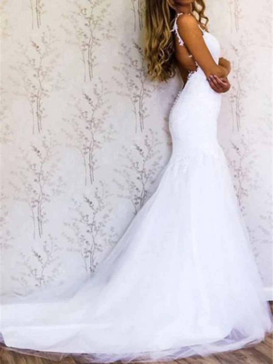 

2021 New Wedding Party Dress Lace Mermaid Sweep Train Floor-Length Sling Backless V-neck Sleeveless With Appliques Bridal Dress
