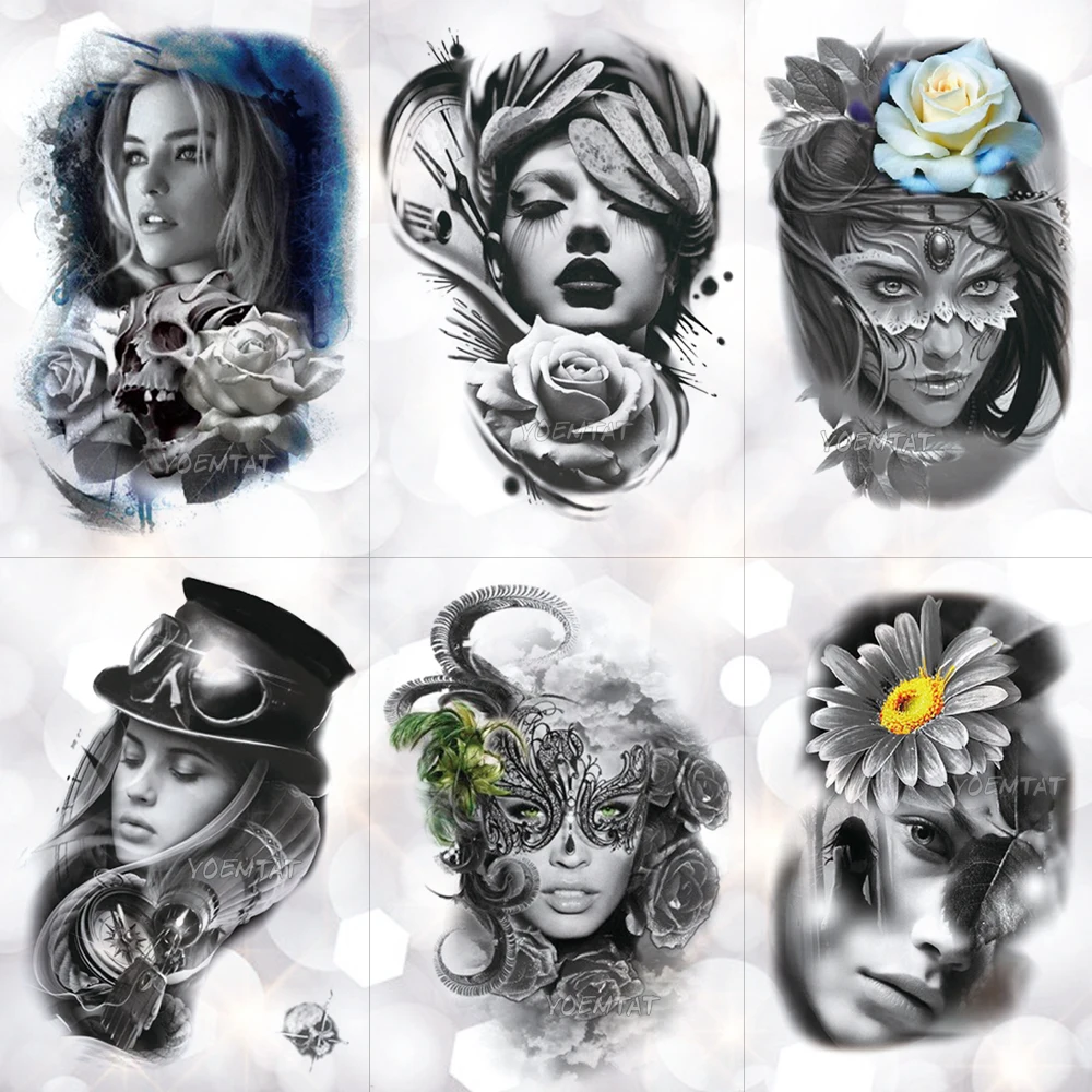 

Lace feather mask Girl Temporary Tattoo Sticker Rose Skull Sad and beautiful Waterproof Tattoo Art Fake Tatoo For Women