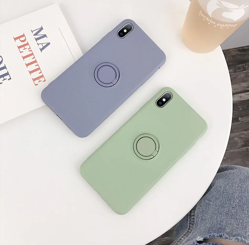 USLION силиконовый сплошной цвет с кольцом для пальцев чехол для iPhone X XS XR Xs Max 6 6S 7 8 Plus Мягкий ТПУ, конфетный цвет задняя крышка