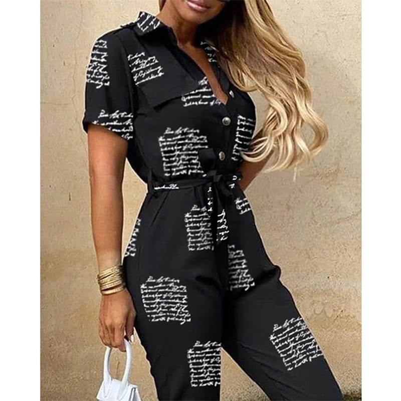 

Elegant Shirt Jumpsuit Women Summer Clothes Button Up Bodysuit Turn Down Collar Romper Short Sleeve One Piece Overalls Playsuits