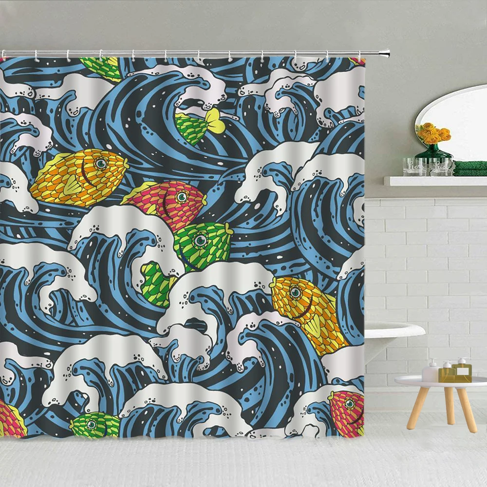 

Waves Colorful Fish Ocean Sailboat Shower Curtain Set Bathroom Supplies Fabric High Quality With Hooks Cloth Curtain 3D Printed
