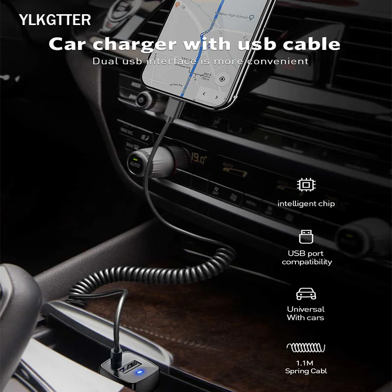 YLKGTTER USB Output 2.4A Smart Car Charger for Iphone X/11 XIAO MI Note 10 Huawei High Current Mini CarCharger with Spring Line |