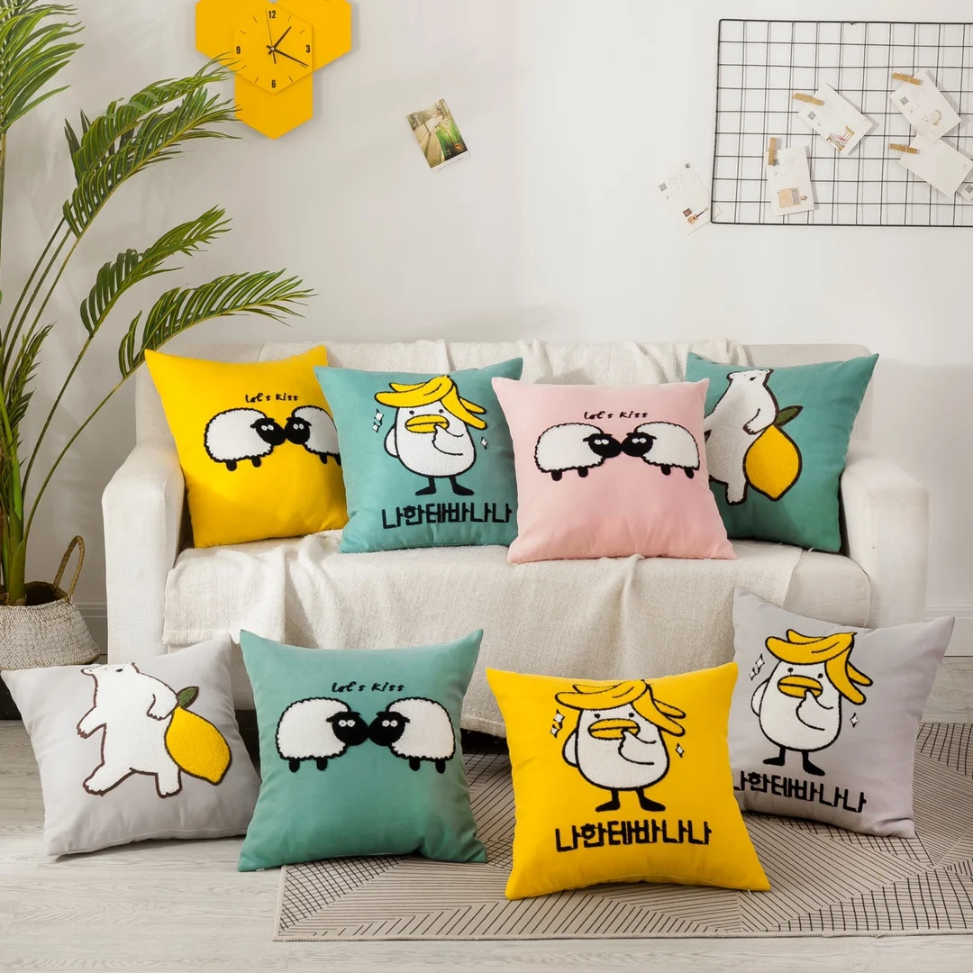

Cartoon Cushion Cover Cotton Embroidered Pillow Cover for Bed Sofa Pillowcase Embroidery Animal Decorative Pillow Case 45x45cm