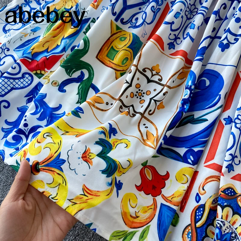 

2021 Summer Bohemian Porcelain Printed Flower Midi Dress Women's Off Shoulder Puff Sleeve Elastic Waist Dress