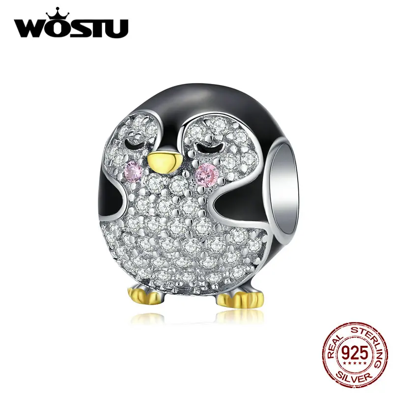 WOSTU 925 Sterling Silver Chubby Penguin Bead Zircon Black Charms Fit Original Bracelet Necklace For Women Lovely Jewelry CTC126