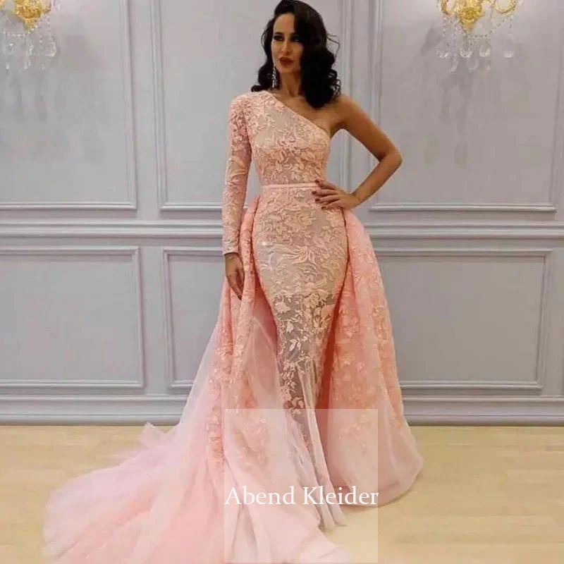 Формальные розовые вечерние платья с длинными рукавами на одно плечо в арабском
