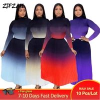 wholesale bulk items lots elegant fashion gradient color full sleeve slim fit topshigh waist pleated long skirt two piece sets