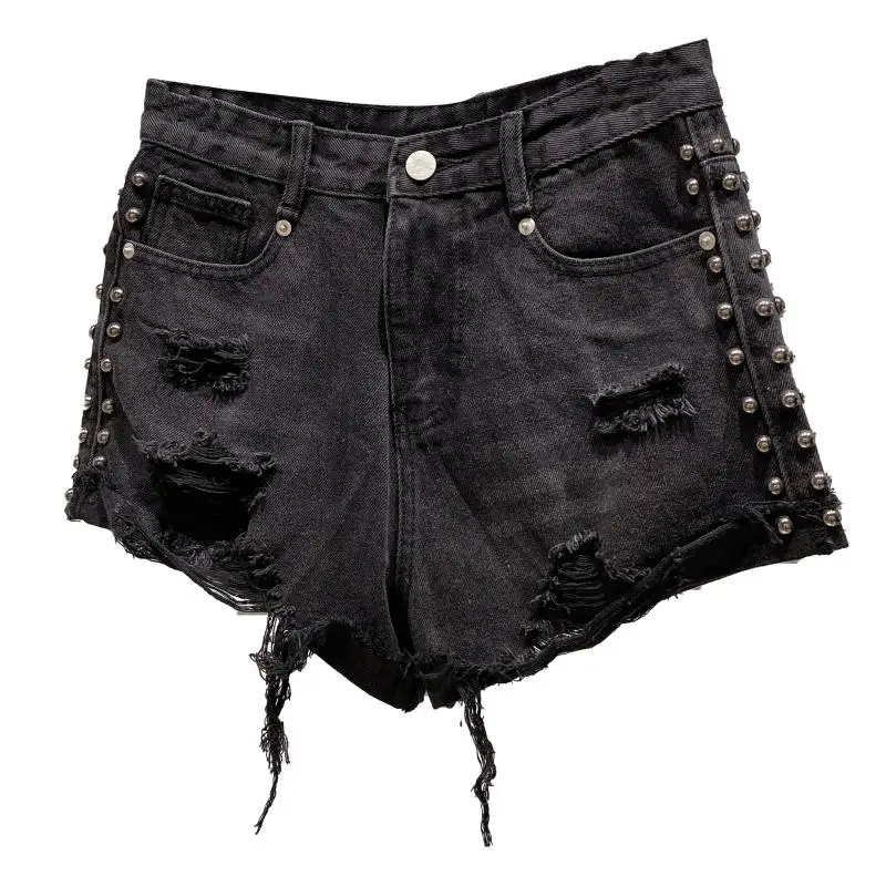 

New Spring Vintage Women Denim Shorts Side Rivet Design Made Old Hole Wash Bottom Shorts