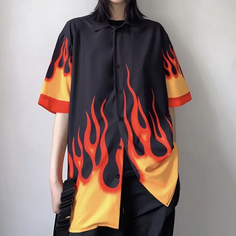 

Street yellow flame print shirt short sleeve loose fashion couple shirt Y687