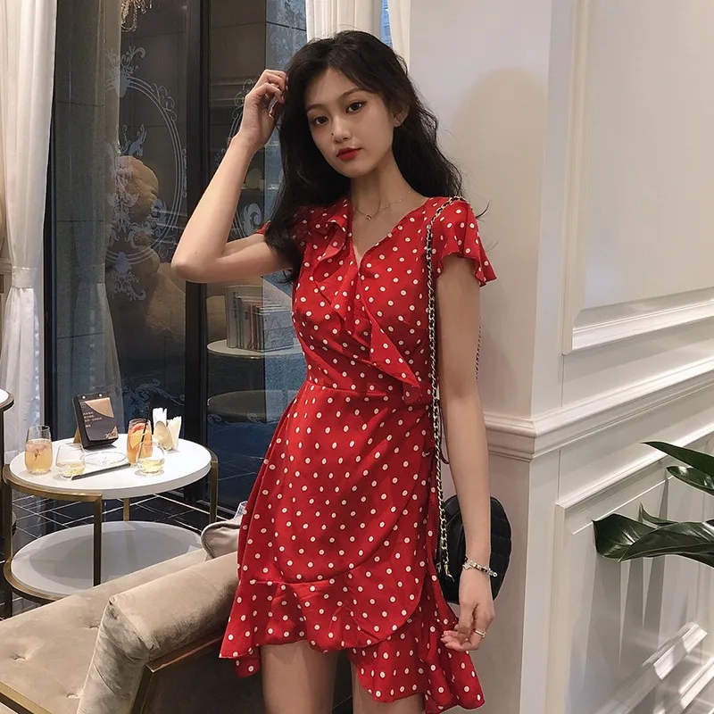 

Women Polka Dots Summer Dress Casual Short Sleeve V-Neck Ruffle Dress Fashion Lace Up Chiffon Dresses Female Vestidos