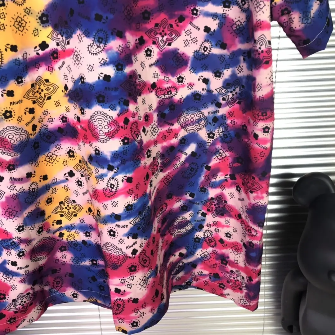 

2020 Summer Gradient Ramp Paisley Rhude Short Shirts Men Women Couples 100% Cotton Shirts Oversized Hip-hop High Street Shirts