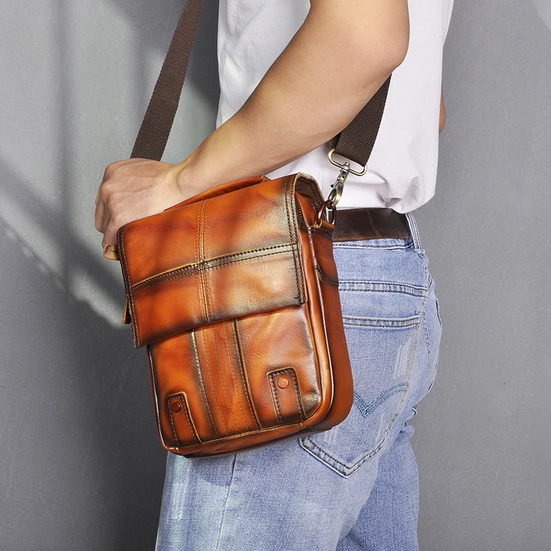 orange Оригинальная кожаная мужская модная повседневная сумка-мессенджер Mochila, дизайнерская сумка через плечо, сумка на плечо 8 дюймов, мешочек для таблеток для мужчин 152-o - Цвет: orange