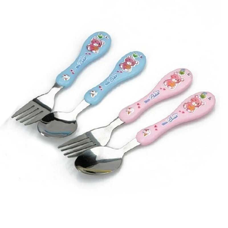 

2 Pieces Cartoon Bear or Duck Children Fork+Spoon Set Creative Cartoon Stainless Steel Cutlery Set Baby Feeding Supplies Random