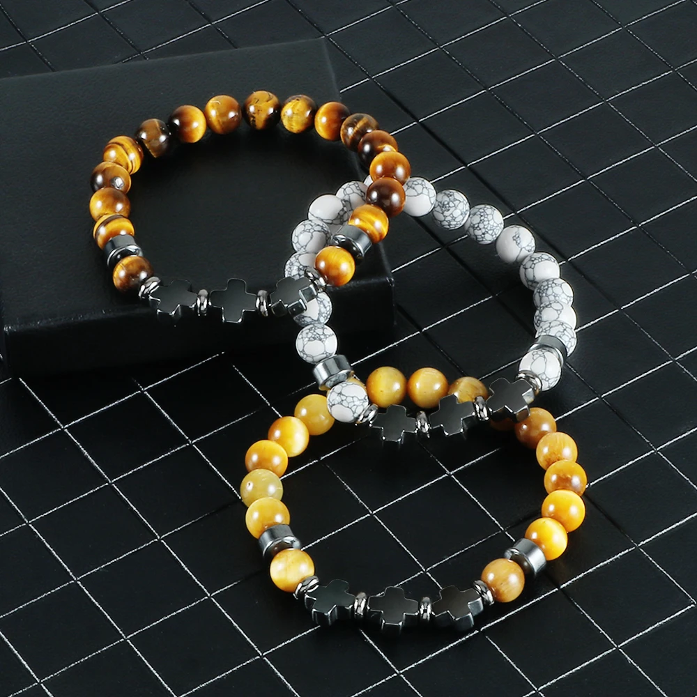 Мужской браслет с крестом и бусинами натуральный камень тигровый глаз черный