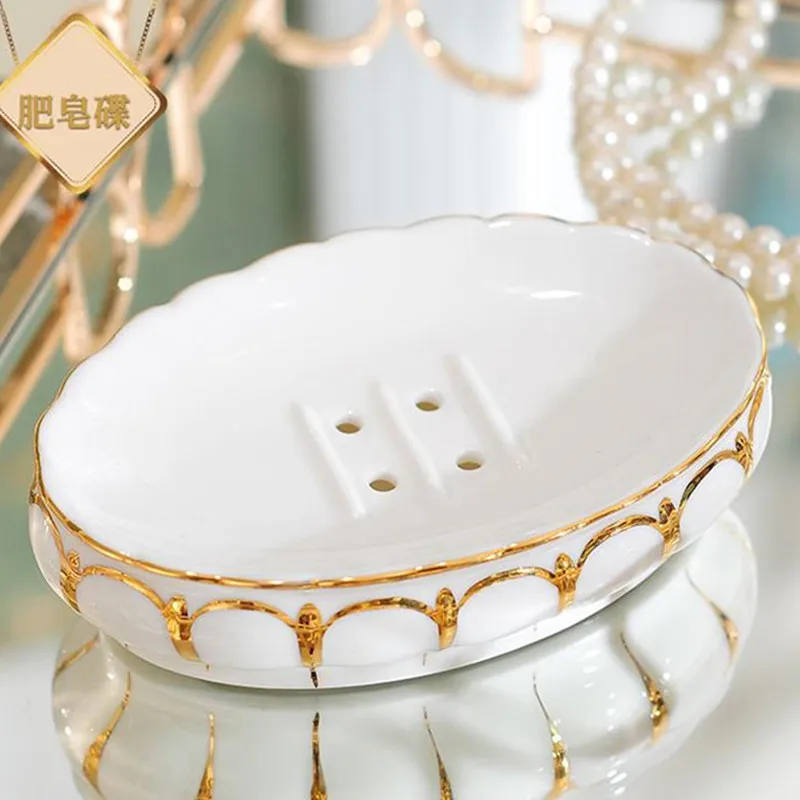

Five-Piece Bathroom Set Ceramic Queen Golden Line Toothbrush Holder Shampoo Bottle Soap Dish Cups Set Toilet Supplies