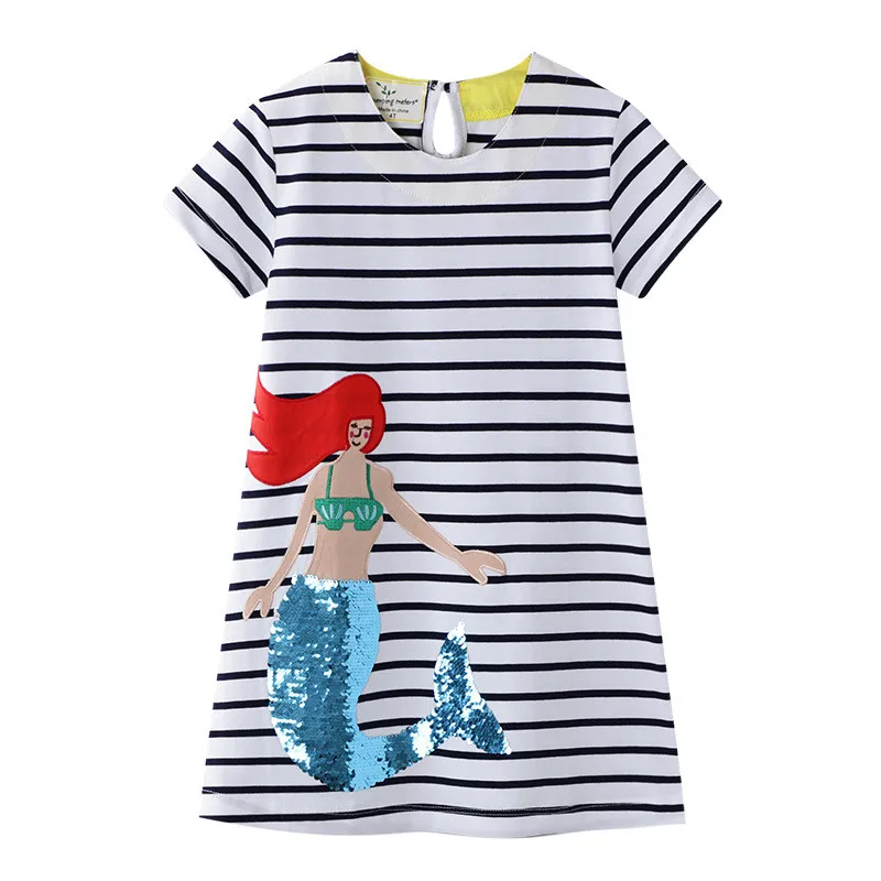 

Jumping Meters 2021 Animals Girls Dresses Summer Children Cotton Dress Stripe Animals Tunic School Baby Girls Dresses