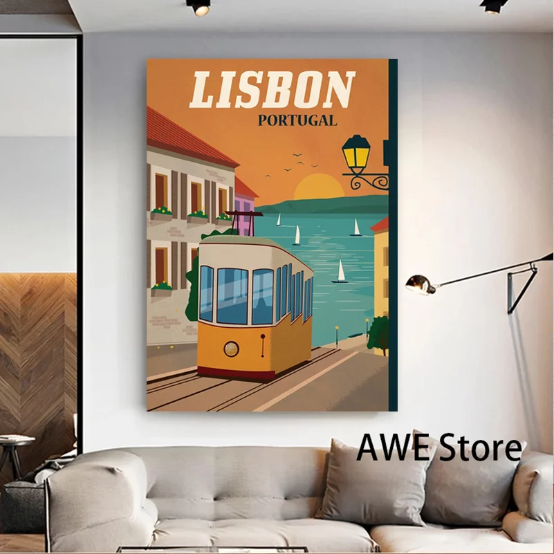 Винтажный постер для путешествий Лиссабон городской автобус уличная живопись