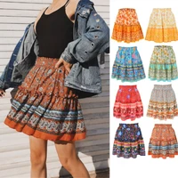 2021 womens printed short skirt bohemian national style lotus leaf skirt girls daily leisure maxi dress jujube red