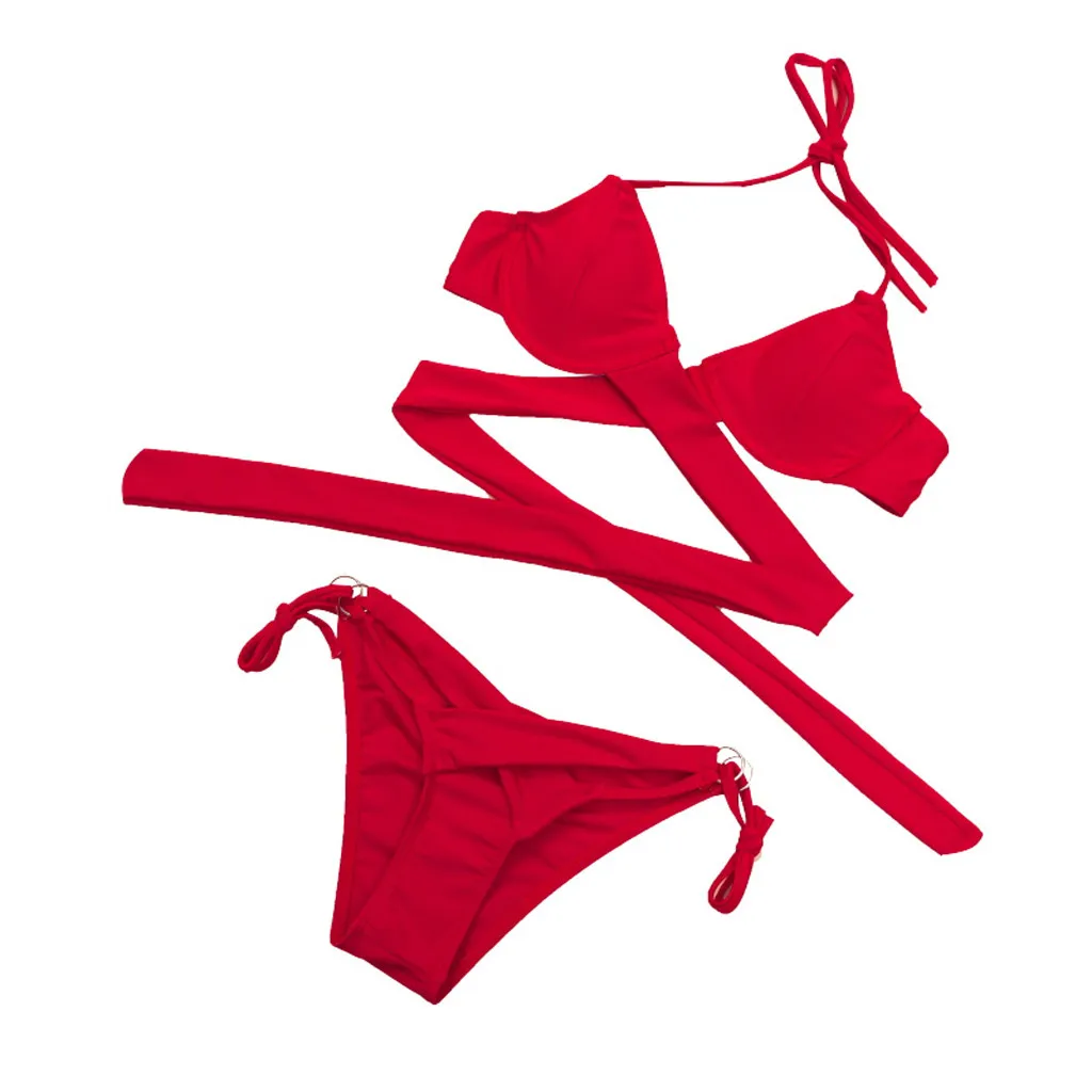 Однотонный Красный Пуш ап на косточках с перекрестной повязкой комплекты бикини