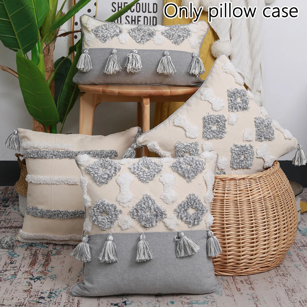 

Boho Decor Chair Cushion Sofa Seat Cushion Pillowcase Home Minimalist Pillow Tufted Tassel Morocco Gray Home Decoration