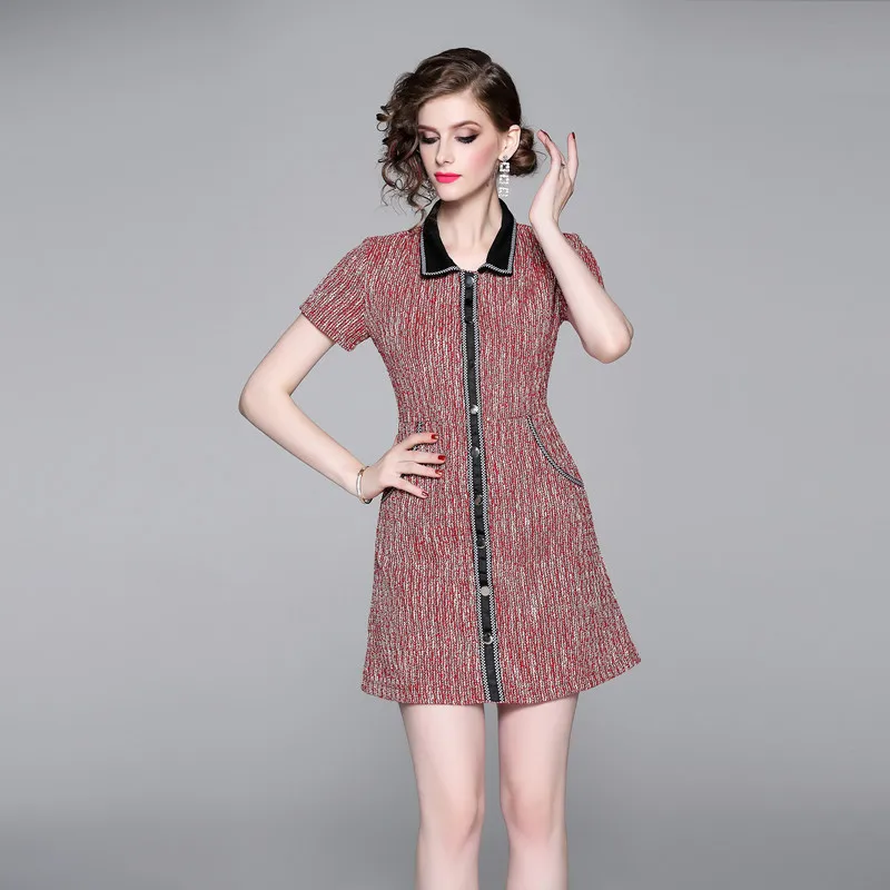 Женское твидовое платье с коротким рукавом Элегантное однобортное облегающее