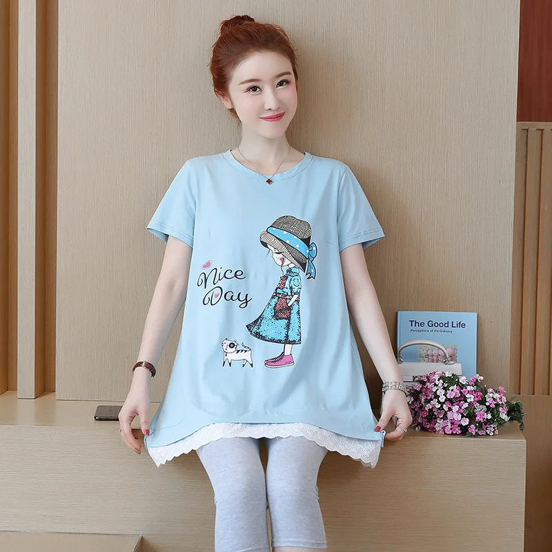 

Maternity Dress Summer Short-Sleeved T-shirt Suitable for Pregnant Women to Wear Loose Belly T-shirt +7 Pants 2-Piece Suit