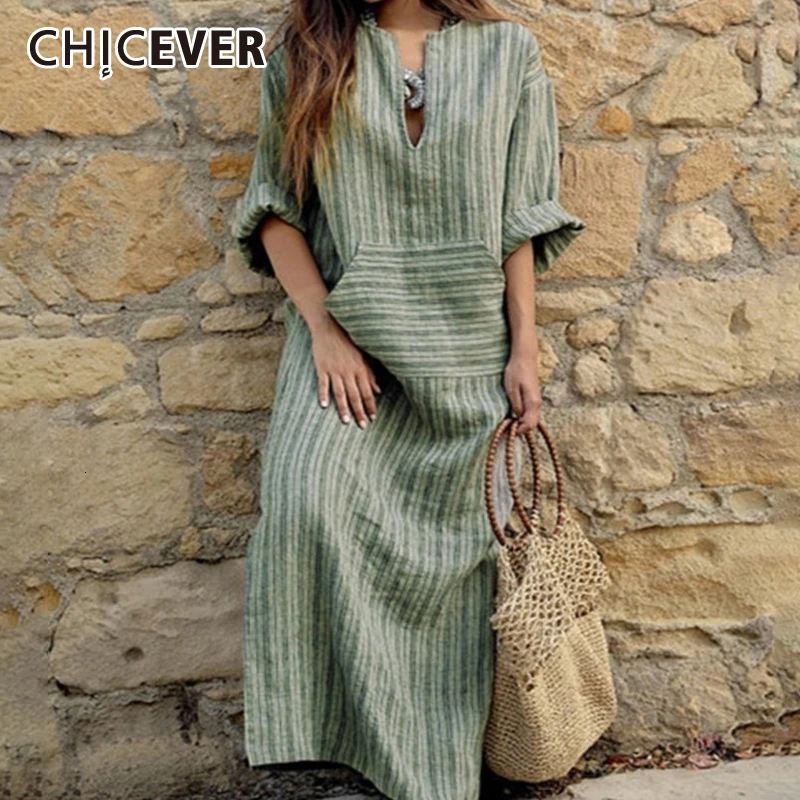 CHICEVER Vintage Striped Dress For Women V Neck Half Sleeve Loose Plus Size Autumn Long Dresses Female Clothes Fashion New | Женская